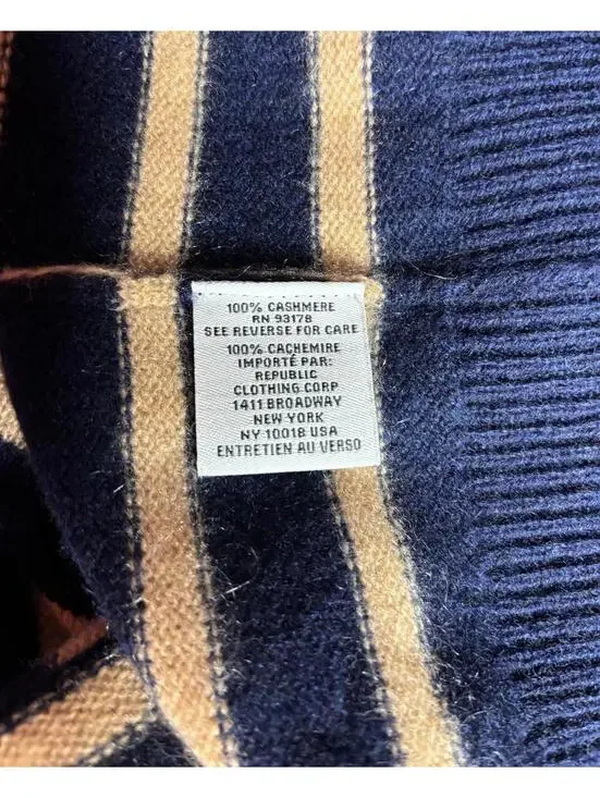 Magaschoni Cashmere Knit Funnel Neck Sweater Striped Blue Camel Soft Womens - M - Picture 5 of 7